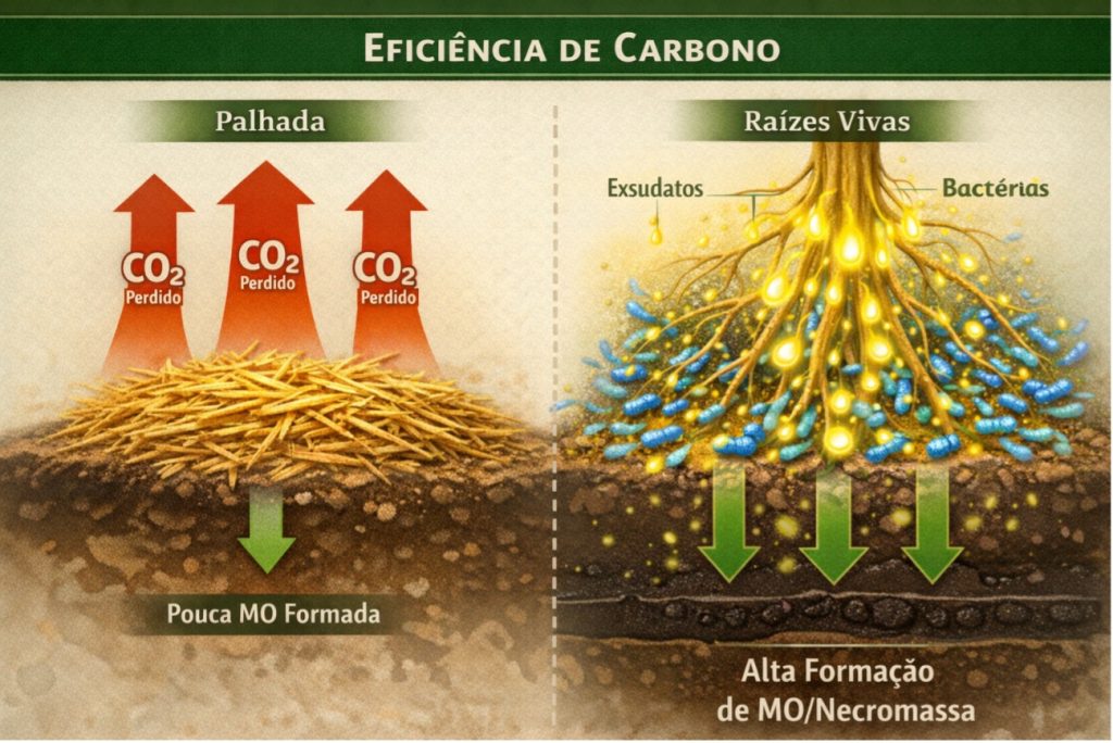 Eficiência de carbono, palhada e raízes vivas.