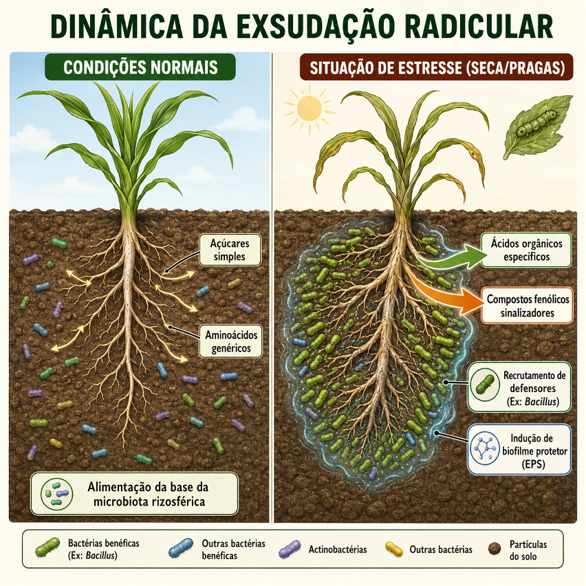 Dinâmica da exsudação radicular em condições normais e situação de estresse como seca e pragas