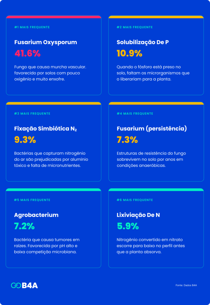 Infográfico mostrando os principais riscos biológicos do solo encontrados em mais de 14 mil amostras brasileiras, com destaque para Fusarium oxysporum (41,6%), baixa solubilização de fósforo, limitações na fixação biológica de nitrogênio, persistência de Fusarium, Agrobacterium e lixiviação de nitrogênio.