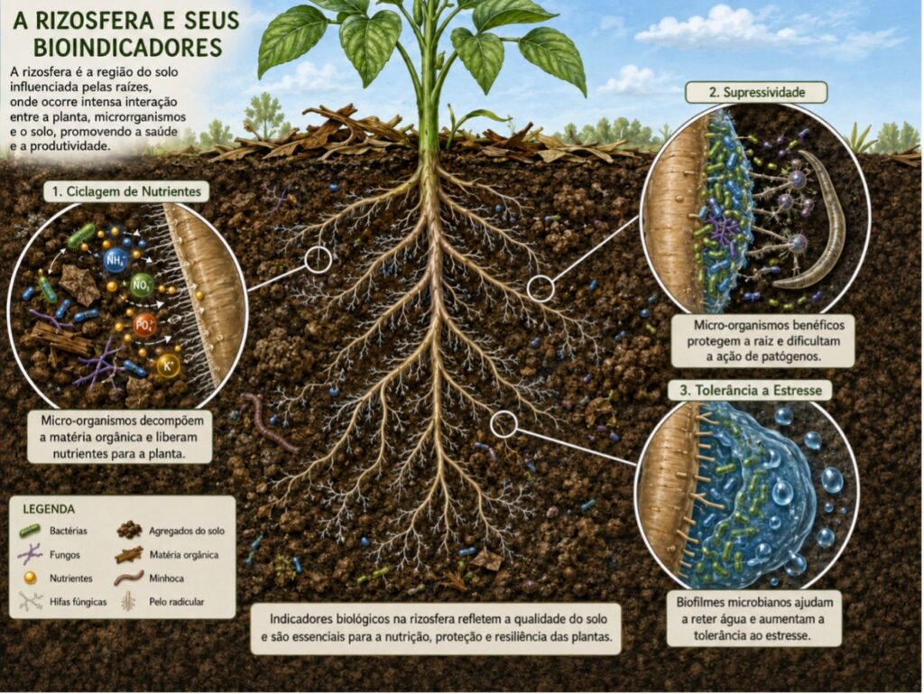 A rizosfera é a região do solo influenciada pelas raízes, onde ocorre intensa interação entre a planta, microrganismos e o solo, promovendo a saúde e a produtividade.