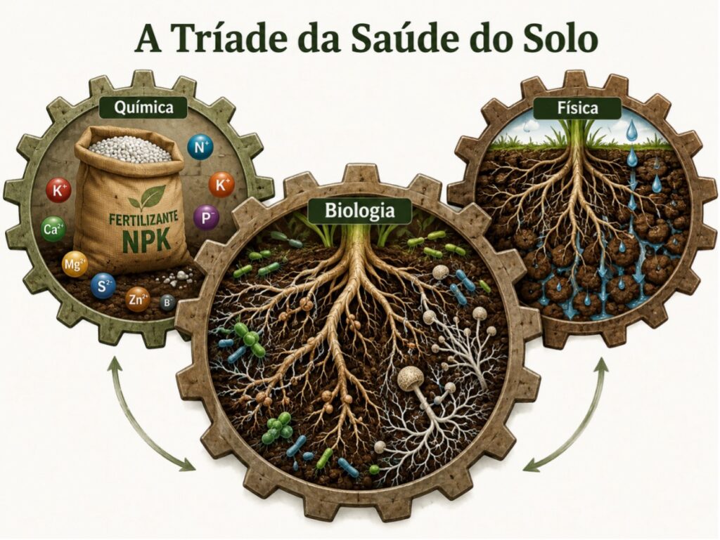 Tríade da saúde do solo, química, biologica e física.