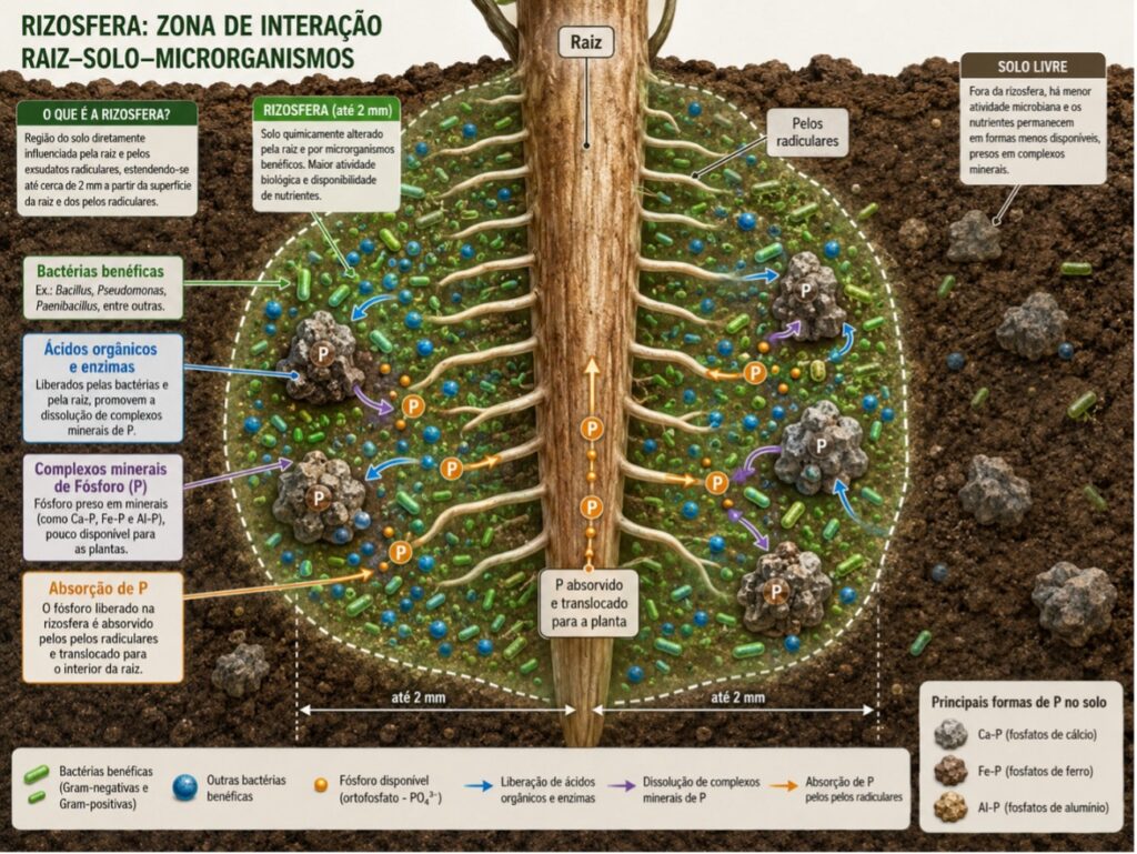 Diagrama da rizosfera: atividade microbiana ao redor da raiz